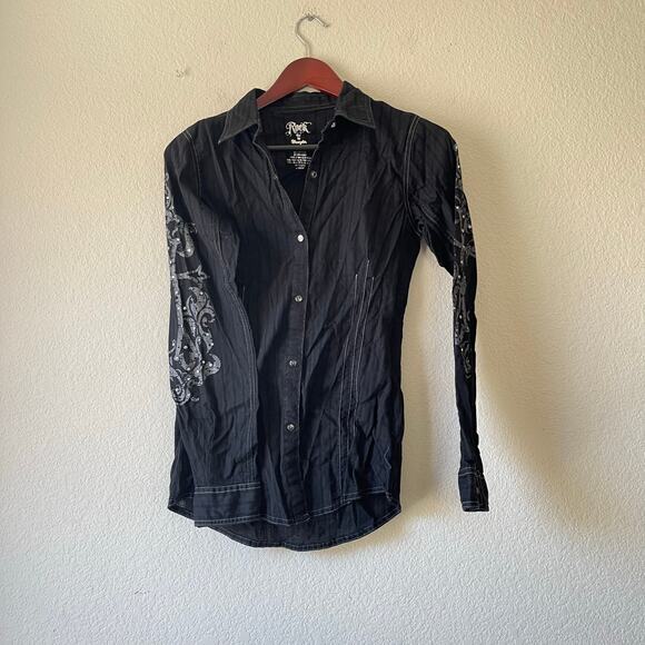 Wrangler Rock 47 Y2k Embellished Black Pearl Snap Shirt Western grunge Small - Picture 1 of 6